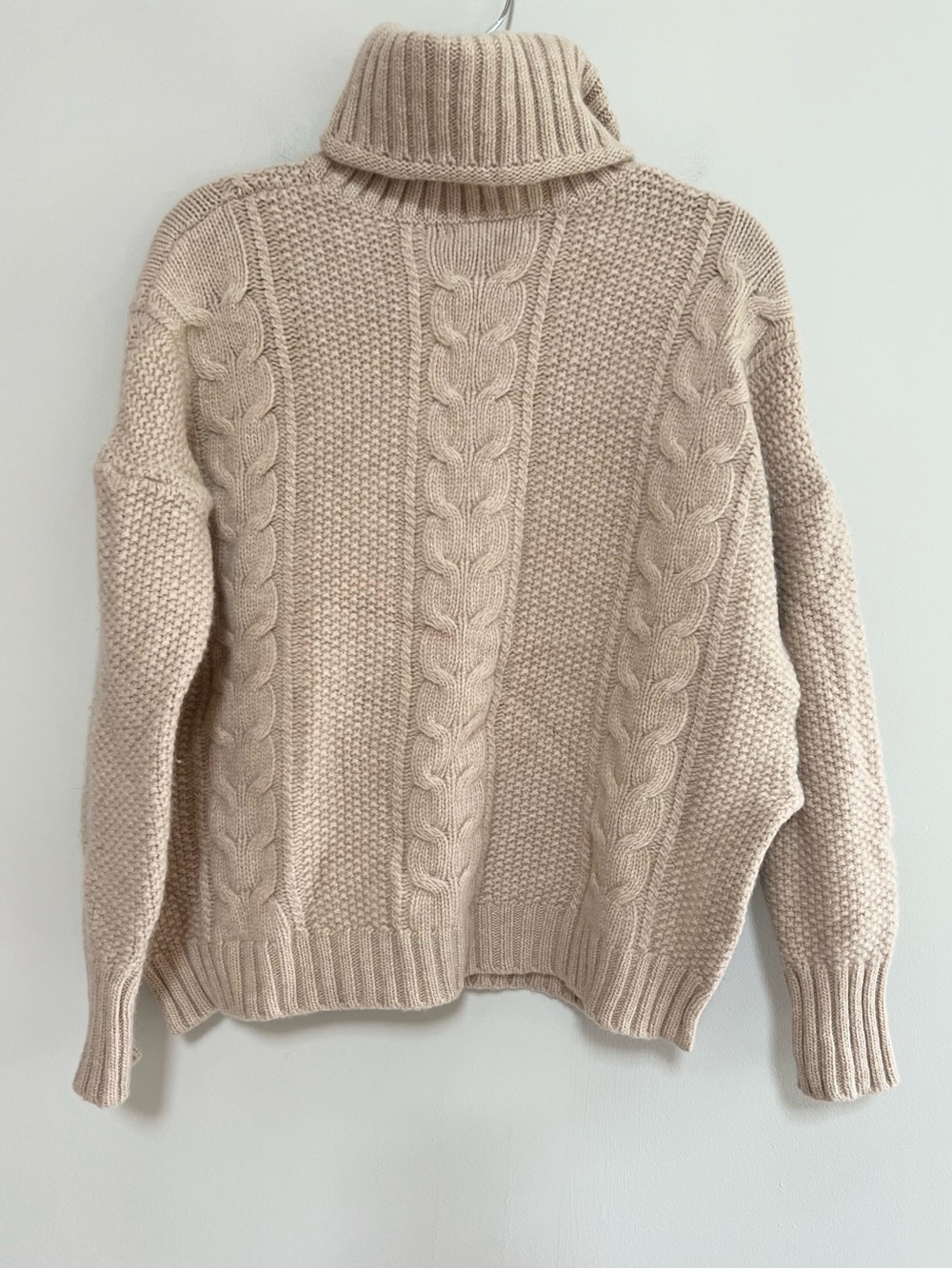 Ann Mashburn Wool Cable Knit Turtleneck Raglan Sleeve Pullover Sweater Tan, XS